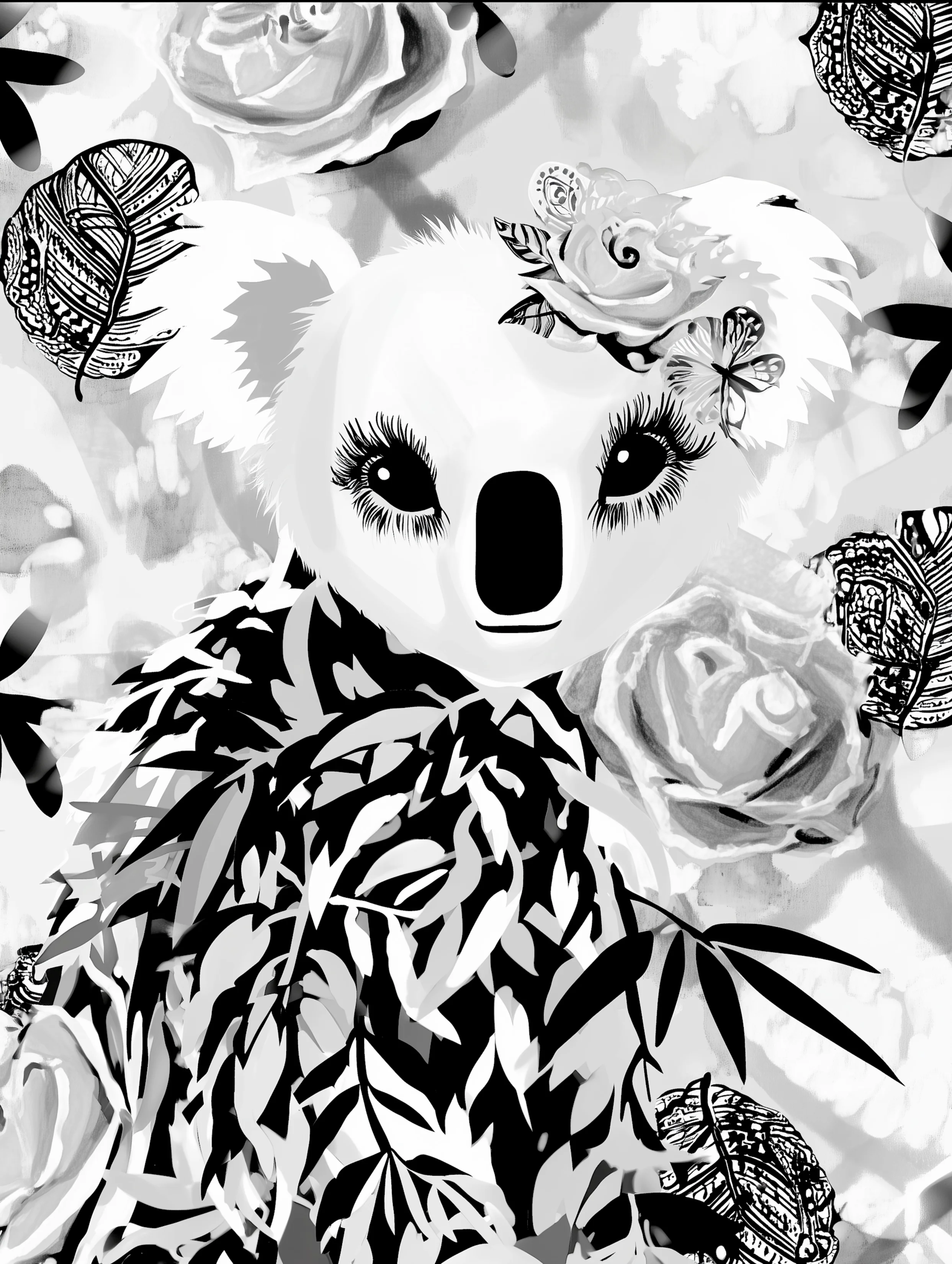 Free printable koala coloring page for adults featuring koala and rose